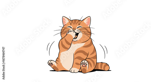 Happy ginger cat laughing with paw over mouth, expressing joy and amusement on white background