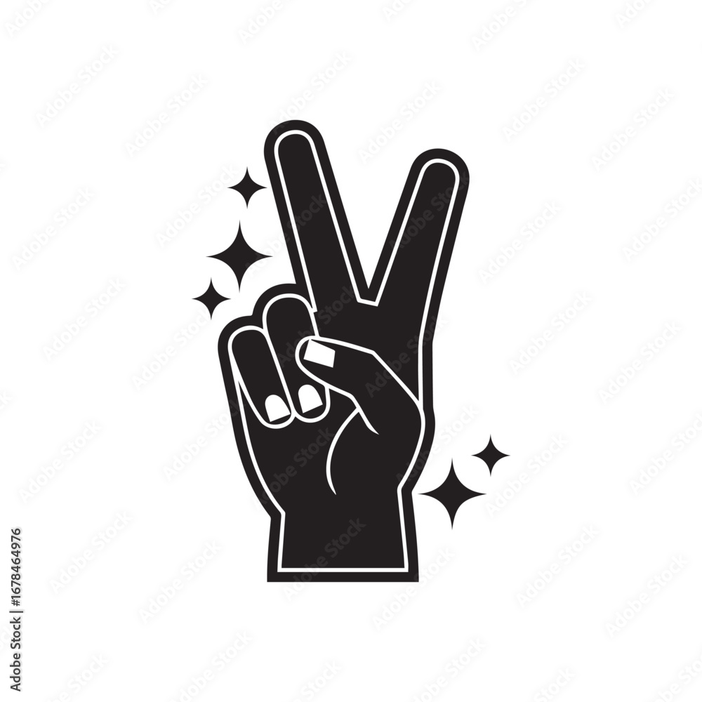 Obraz premium A black and white vector illustration of a stylized hand making a peace sign.