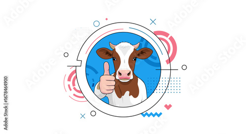 Happy cartoon cow giving thumbs up inside a colorful modern geometric design element
