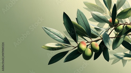 Vibrant olive branch with ripe green and purple fruits, symbolizing peace and natural beauty against a soft, sun-kissed background, perfect for healthy lifestyle concepts