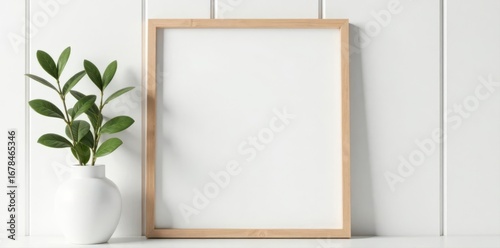 Empty square wooden frame on white beadboard shelf Scandinavian home decor , scandinavian, wainscot