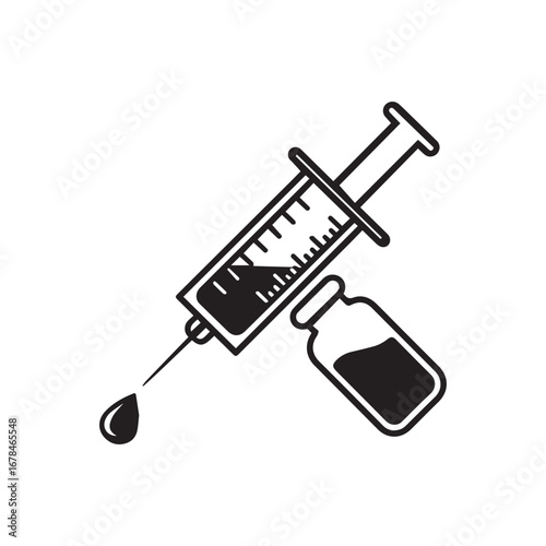 A black and white vector illustration of a syringe and a vial silhouette. 