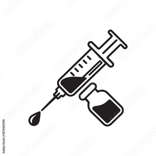 A black and white vector illustration of a syringe and a vial silhouette. 