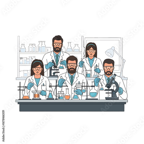 Group of Scientists in White Coats Working in a Research Laboratory with Beakers and Microscopes on a White Background