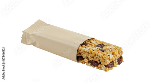 Close up of a granola bar in brown paper.