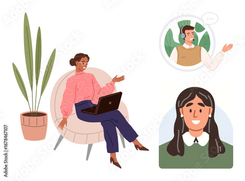 Professional woman on laptop in cozy chair, communicating via virtual meeting. Two colleagues appear in video call windows. Ideal for remote work, communication, teamwork, collaboration, networking