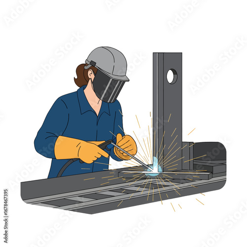 Metal Worker in Blue Outfit Welding Steel with Bright Sparks Wearing Protective Gear and Helmet in Industrial Setting