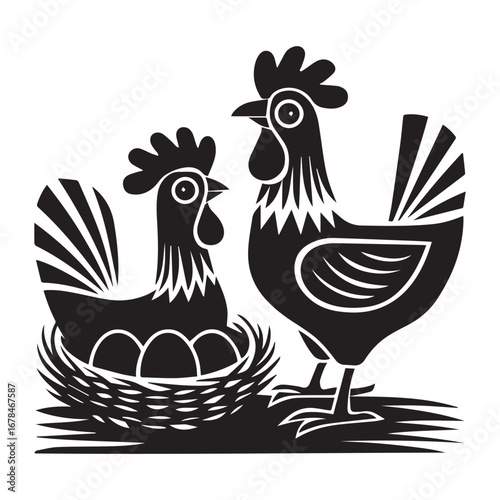 A black and white linocut illustration of two stylized chickens. 
