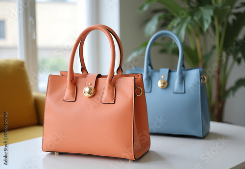Women HandBag Pastel Orange and Blue on the table
