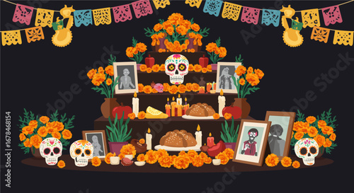 This flat design vector illustration depicts a beautifully arranged Día de los Muertos altar, honoring ancestors with marigolds, sugar skulls, and symbolic offerings.