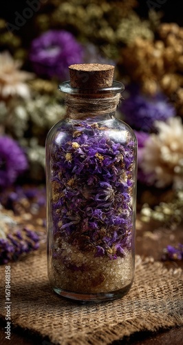 Small glass bottle with dried purple flowers and sugar, on burlap