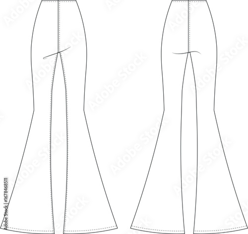 high mid rise waist wide leg palazzo fit flared elastic leggings tight spaandex pant trouser template technical drawing flat sketch cad mockup fashion woman design style model 
