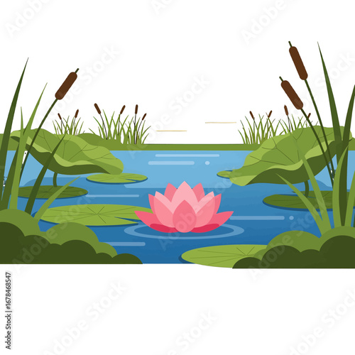 Pink Lotus Flower Floating Gracefully on Tranquil Blue Pond Surrounded By Green Lily Pads and Reeds in Natural Setting
