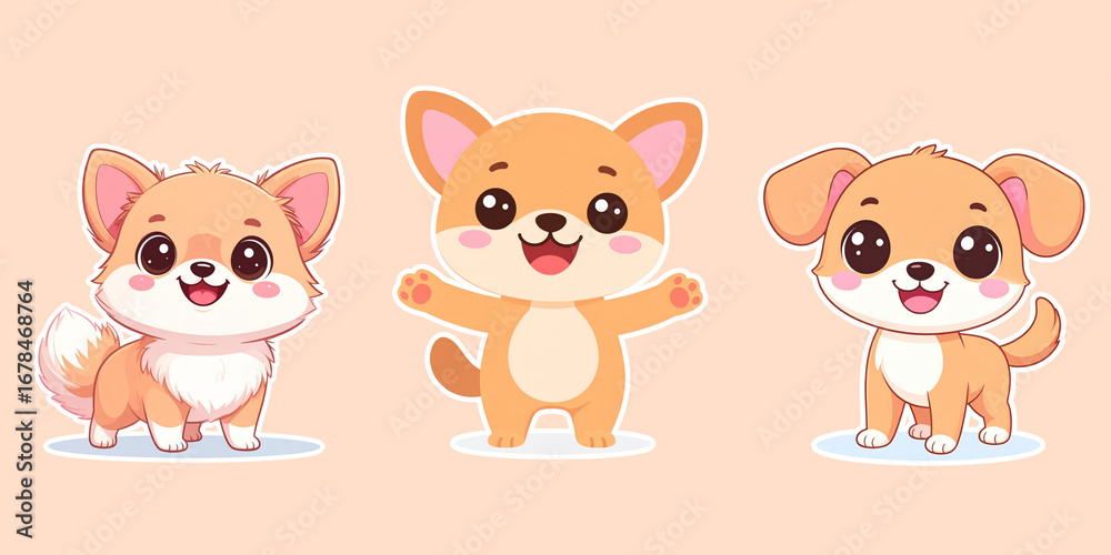 Fototapeta premium Set of cute cartoon puppies with happy expressions.