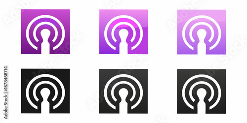 Set of podcast icons in purple gradient and black square backgrounds