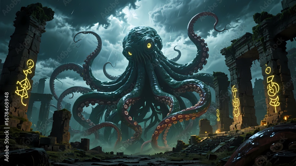 Obraz premium Colossal tentacle monster wrapping around ancient ruins storm clouds glowing runes cinematic fantasy atmosphere