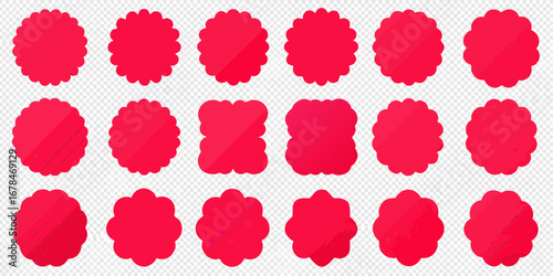 Collection of red scalloped circle and square shapes with subtle textures and gradients
