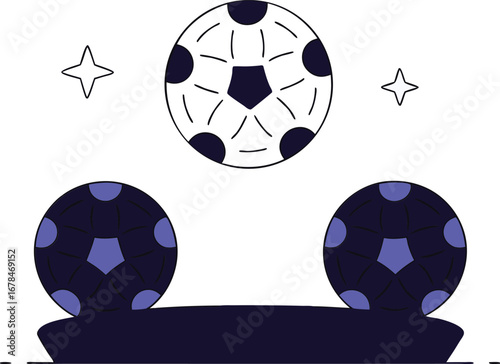 Two soccer balls on a base with a floating ball above, , creating a playful and sporty composition