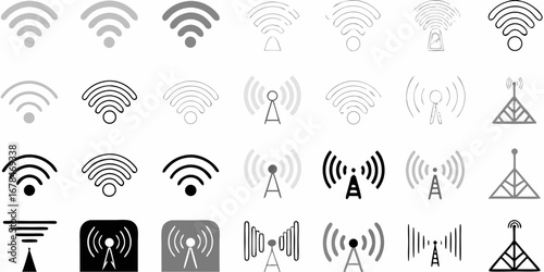 Collection of various wi fi and signal tower icons in different styles and colors