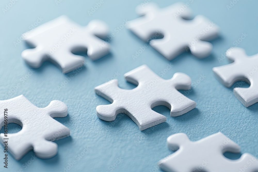 Fototapeta premium White puzzle pieces on light blue background