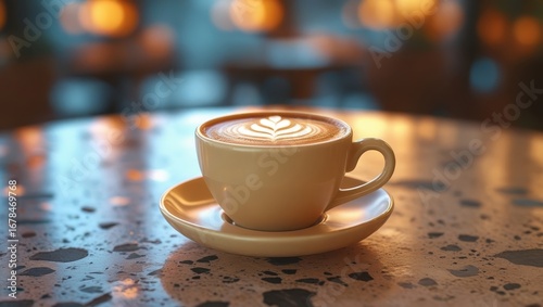 A light-beige coffee cup, laden with a latte art design, sits on a speckled countertop, bathed in warm, ambient light.