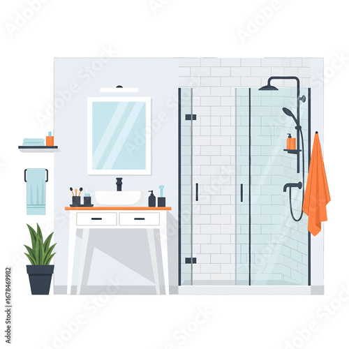 Bright Minimalist Bathroom Interior Featuring Shower Stall and Vanity with White Walls and Accents of Orange and Green Plants