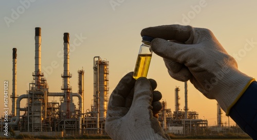 Oil industry worker examines vial of yellow crude against refinery backdrop