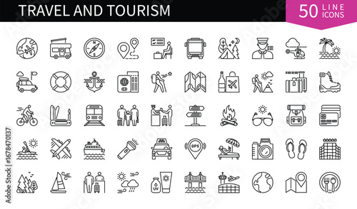 Set of 50 line icons related to Travel and Tourism. Containing plane, sunglasses, adventure, tour, nature ,voyage, baggage, suitcase and more. Pictograms for web, mobile app and infographics