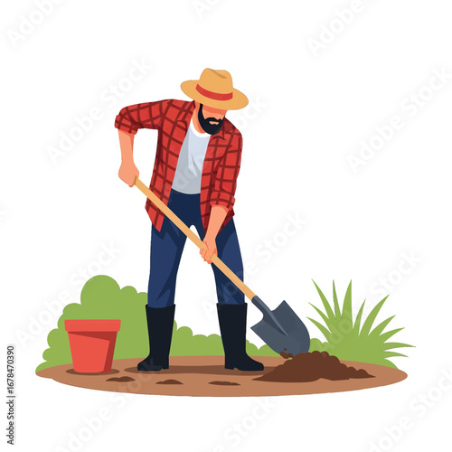 Man Digging Soil with Shovel in Garden Wearing Hat Red Plaid Shirt and Boots in Rural Landscape Gardening Illustration