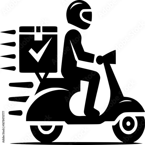 Speedy Delivery: A sleek silhouette illustration of a delivery person zipping along on a retro scooter, with a package in tow, symbolizing fast and efficient service.