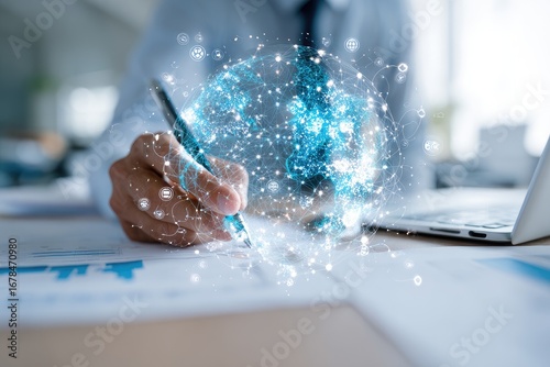 Businessperson working on documents, holographic globe overlay