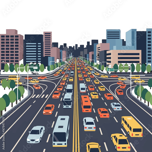 Cityscape Pixel Art Depicting Dense Traffic on Multi Lane Highway with Buildings and Trees in Bright Colors