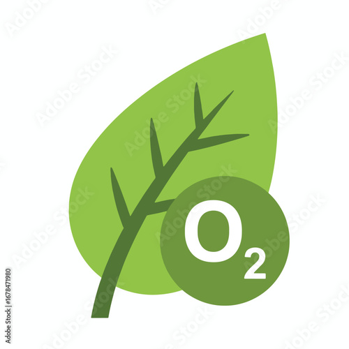 A vibrant green leaf with an oxygen symbol, representing photosynthesis and nature.