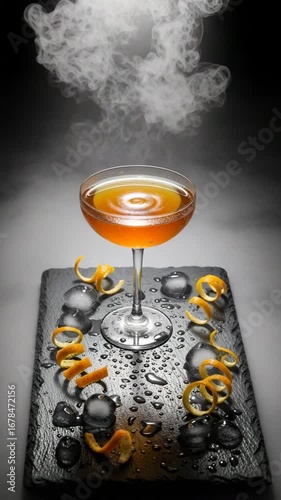 Cocktail glass with smoke and citrus peels on slate board  