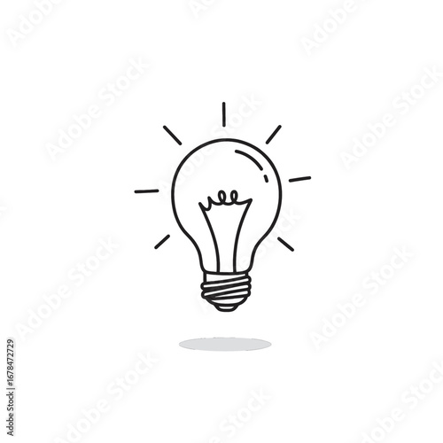 Minimalist Lightbulb Illustration with Radiating Lines and a Subtle Shadow in Black and White