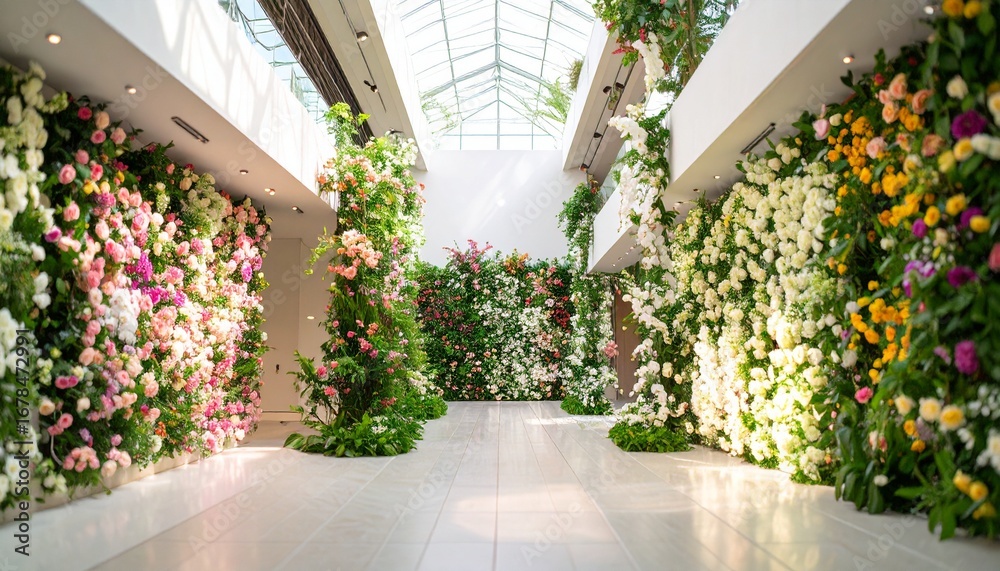 Naklejka premium Elegant Floral Hallway with Natural Light, A Lush Garden Display in a Modern Indoor Space Filled with Various Colorful Flowers