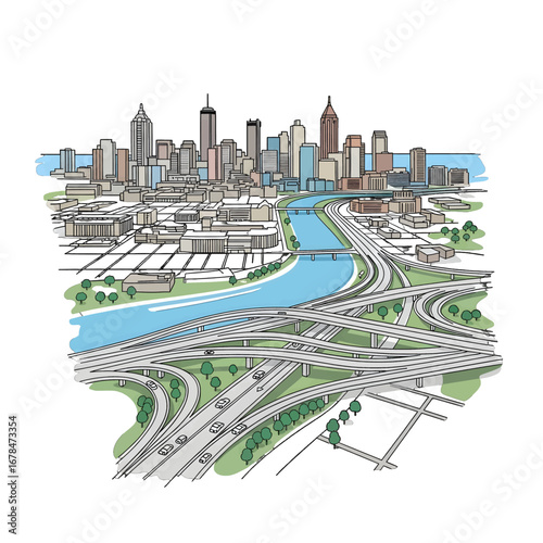 Detailed Urban Cityscape Illustration with Blue River and Complex Highway System Gray Tone Building with Trees and White Background