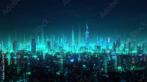 Futuristic City Skyline with Advanced Technologies Under a Starry Night Sky