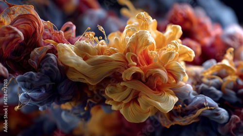 Colorful flower made of smoke. The smoke is orange and blue. The flower is very large and has a lot of detail