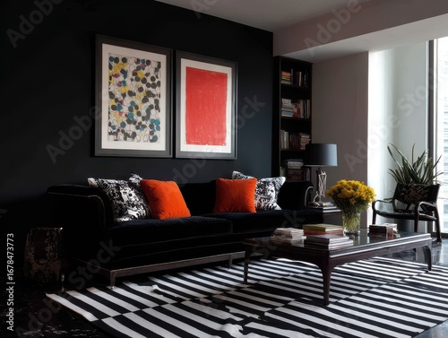 Black living room with bold orange accents and a striped rug.