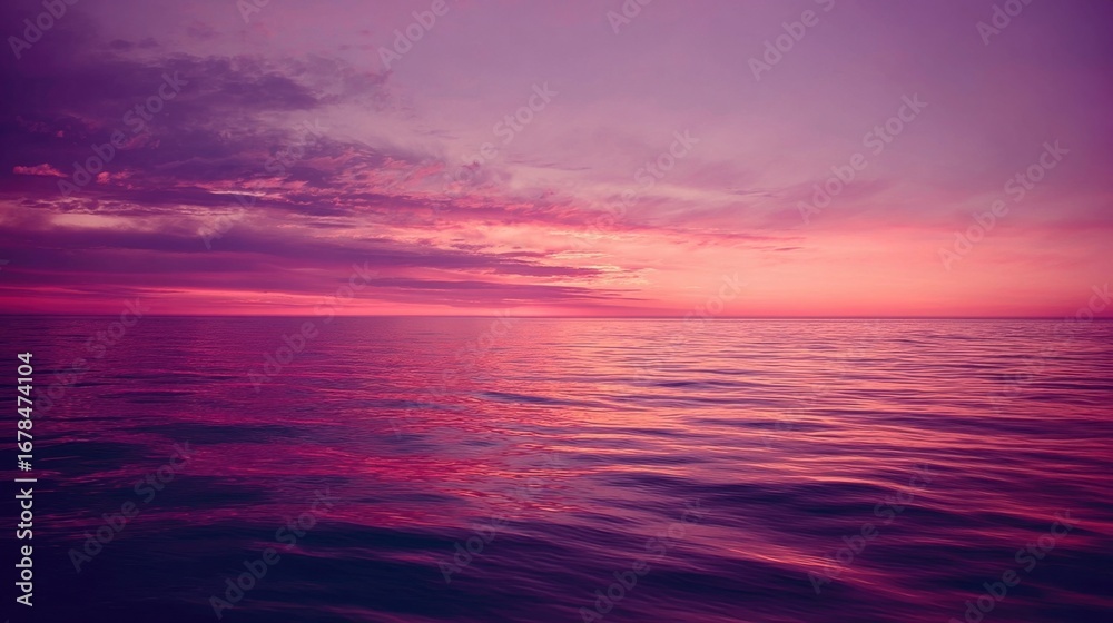 Obraz premium Serene seascape at sunset or sunrise with vibrant hues of pink, purple, and orange reflecting on the calm ocean surface,