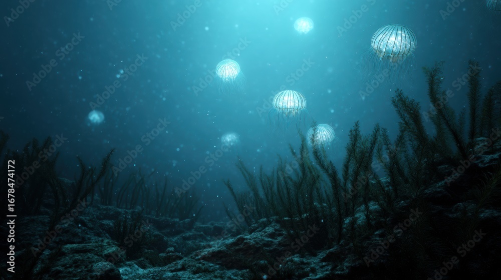 Fototapeta premium Stunning Deep Sea Environment with Plankton and Jellyfish in High Fidelity 6x Visuals