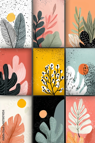 Collection of colorful and abstract leafy designs with a yellow background. The images are arranged in a grid of nine, with each one featuring a different type of leaf