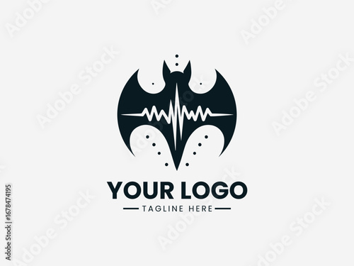 Bat in flight with ultrasonic waves and scientific elements in echolocation vector logo