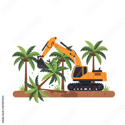 Orange Excavator Digging in Tropical Landscape with Palm Trees in Pixel Art Style