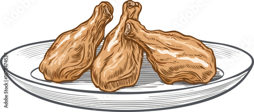 Three golden brown chicken drumsticks on a white plate fried chicken poultry