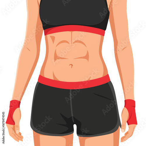 Pixelated Woman with Visible Abdominal Muscles in Black Sports Bra and Shorts with Red Details on a White Background
