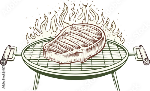 Steak grilling over open flames on a barbecue vector