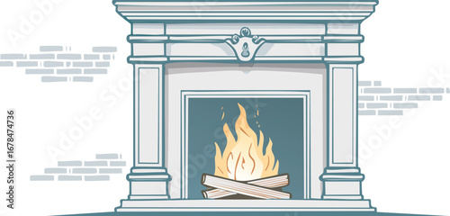 Ornate fireplace with burning logs and brick wall flames hearth