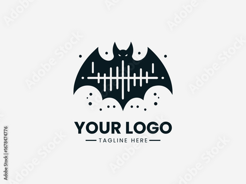 Bat in flight with ultrasonic waves and scientific elements in echolocation vector logo